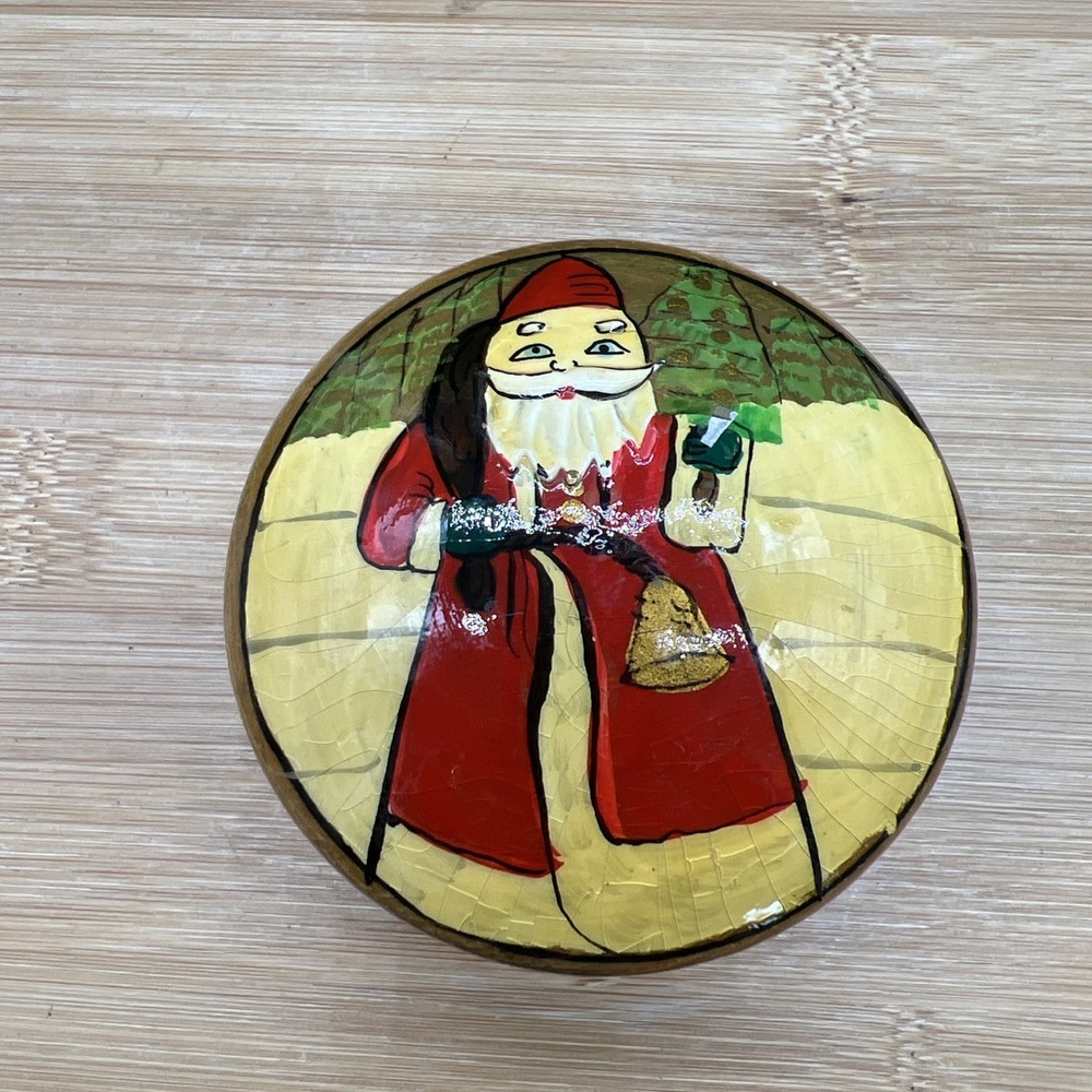 Vintage Wooden Round Trinket Box With Christmas Hand Painted Design 3"